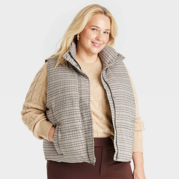 Women's Puffer Vest - A New Day Brown Plaid XXL - Picture 1 of 12